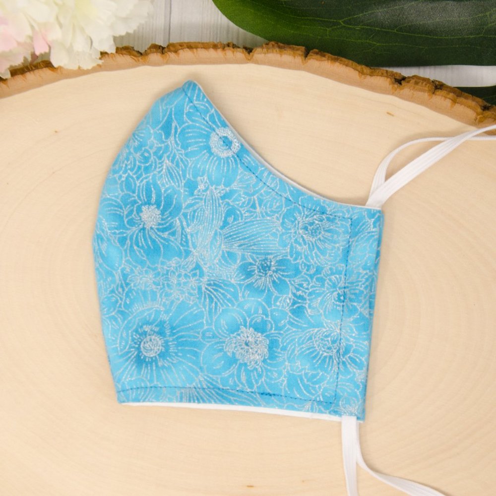 Blue & Silver Flowers Reusable Cloth Face Mask for Kids, Adults